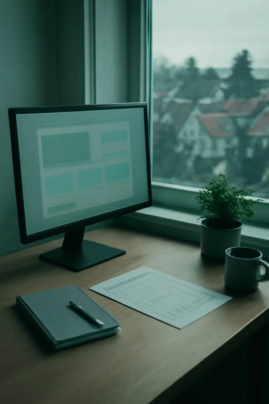 A small workspace with a monitor and a notebook, no people